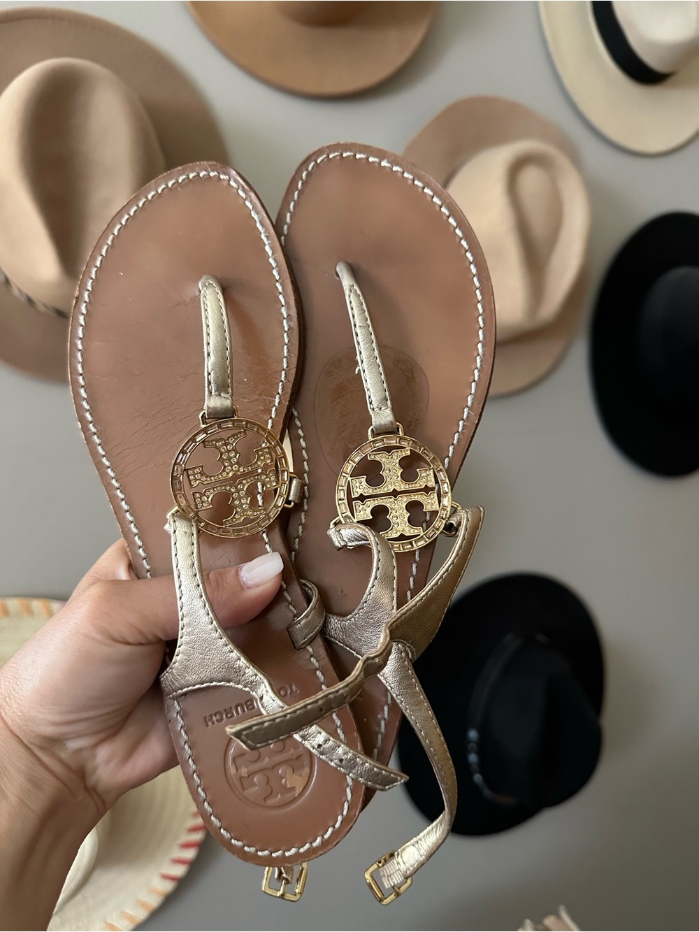 Tory Burch Gold Leather Logo Thong Sandals
